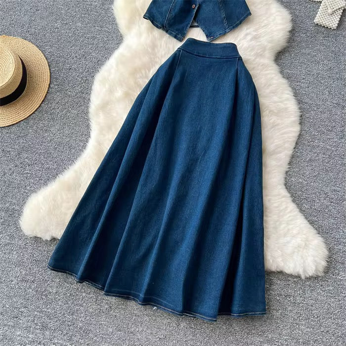 Denim top with high waisted skirt Set