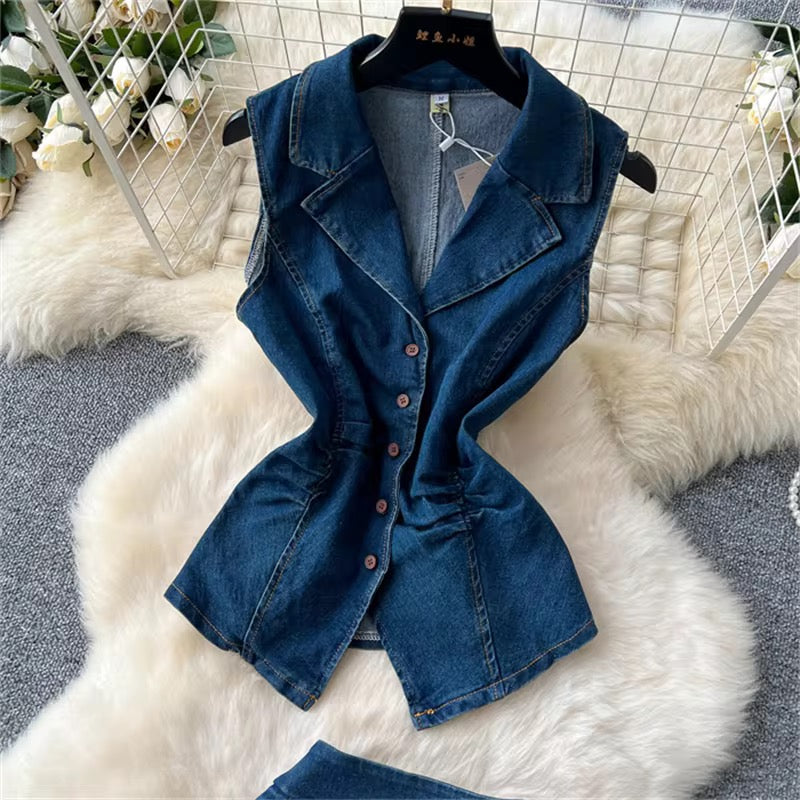 Denim top with high waisted skirt Set