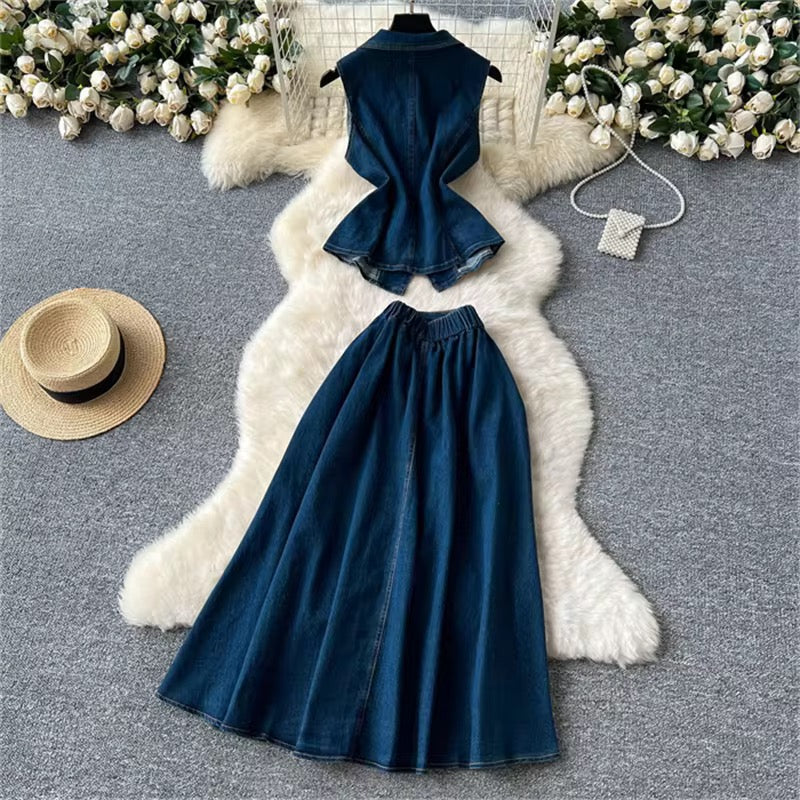 Denim top with high waisted skirt Set