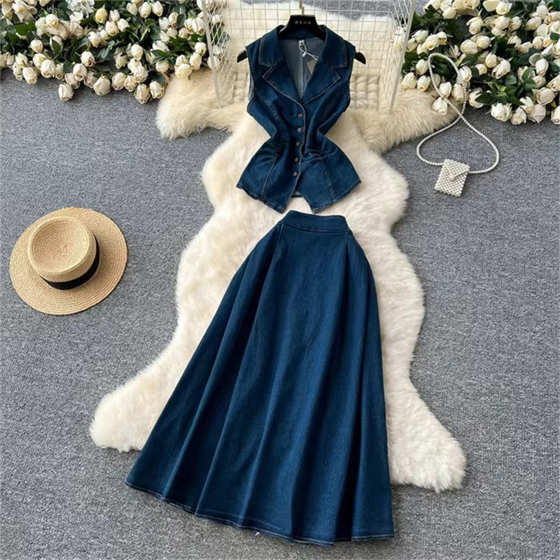 Denim top with high waisted skirt Set